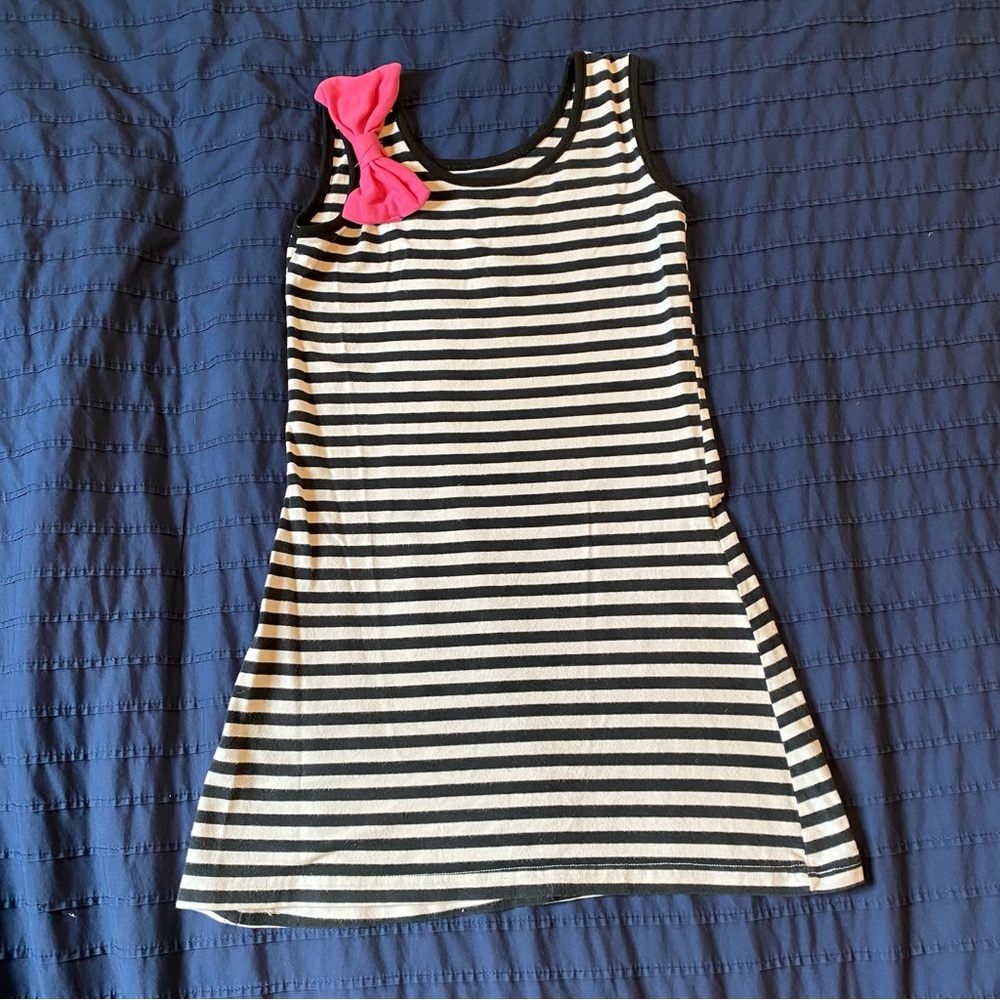 Girls Black and White Striped Dress with Pink Bow